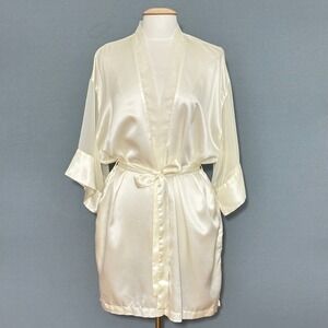 VTG Victorias Secret Gold Label Womens Robe OS Ivory Satin Chiffon Sheer Kimono